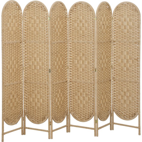 Homcom Paravent Interieur Ovale 6 Panneaux 240 X 170 Cm SéParateur De PièCe Pliable, LéGer Et Tissé, Bois Naturel-image