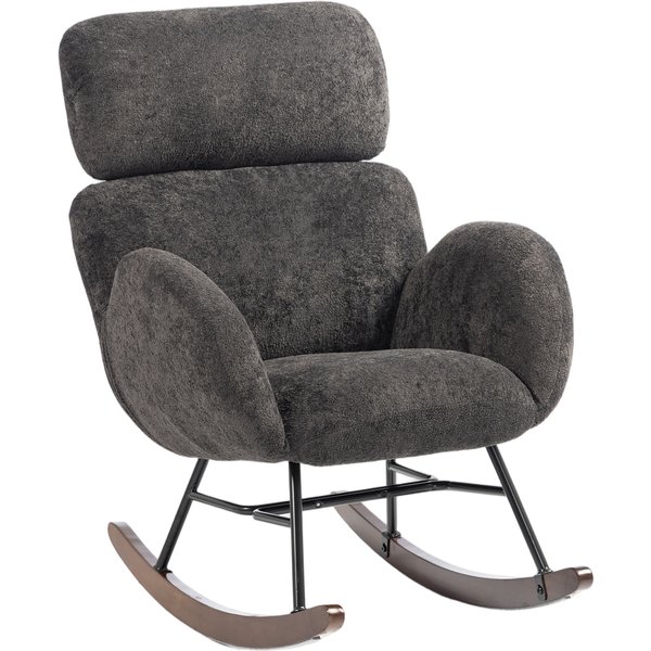 HOMCOM Upholstered Rocking Chair Adjustable Headrest Rocker Chair Raindrop Velvet Rubberwood Base Dark Grey