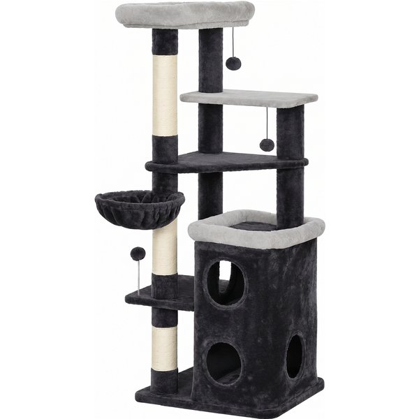 PawHut Katzenkratzbaum 148 cm mit 2-stöckiger Höhle, mehrstufiger Turm mit 2 Betten, Hängematte, Sisal-Posten, 3 Hängebälle, Plüsch, für 1–2 Katzen, Dunkelgrau Aosom