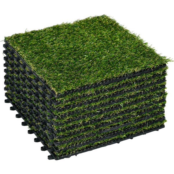Outsunny Kunstrasen 10 Stücke Rasenteppich 30 x 30 cm Grasmatte künstlicher Rasen Rollrasen für Garten Balkon 20 mm Kunststoff Dunkelgrün Aosom