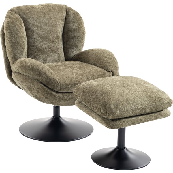 HOMCOM Modern Chenille Lazy Chair with Ottoman, 360° Swivel, Upholstered Reading Seat Set for Living Room, Dark Green
