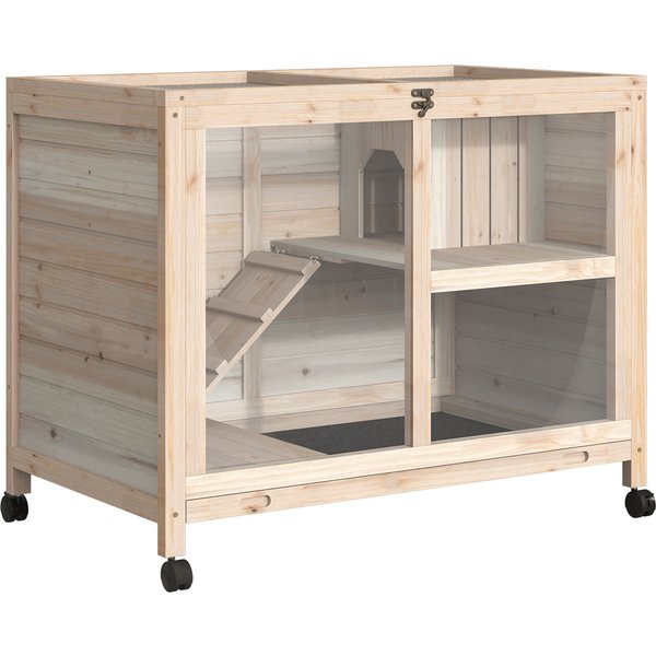 Pawhut Cage à Lapin Clapier Sur Roulettes Petit Enclos Aminaux En Bois Massif 2 éTages Toit Ouvrant Plates-Formes 91,5 X 53,3 X 73 Cm Bois Naturel-image