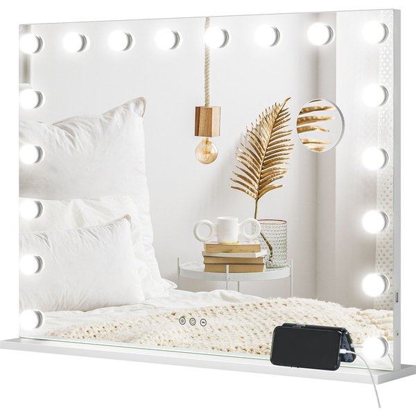 HOMCOM Hollywood Spiegel mit 18 LEDs Schminkspiegel 80x60 cm Kosmetikspiegel mit 3 Lichtfarben, Einstellbare Helligkeit, Handyhalter, USB-Ladefunktion, Touch-Schalter, 10X Vergrößerung Aosom