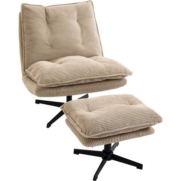 Homcom Fauteuil Lounge Avec Ottoman, Pivotant à 360°, RevêTement Velours CôTelé, Repose-Pieds RéGlable En Hauteur, Beige-image