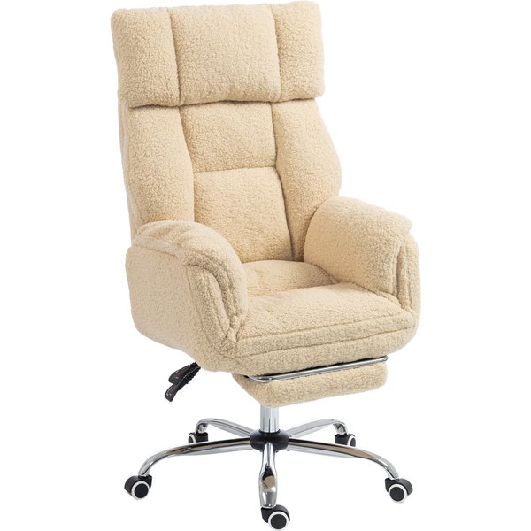 HOMCOM Ergonomischer Bürostuhl mit 5-fach klappbaren Armlehnen, neigbarer Bürostuhl aus Teddy-Stoff, höhenverstellbar, Fußstütze, 360° drehbar, für Zuhause, Studio, Creme Aosom