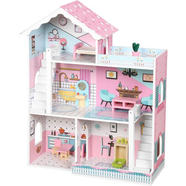 AIYAPLAY Wooden Dolls House, Large 3-Storey Modern Dollhouse with 10 Accessories, Pretend Play Toy Gift for Ages 3-6 Years, Pink