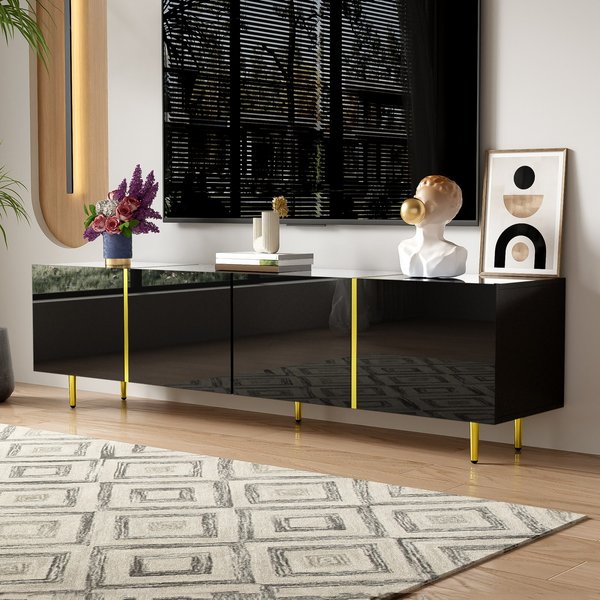 High-Gloss TV Cabinet with Four Soft-Close Doors, Modern Entertainment Stand for Living Room, 170L × 35W × 46H cm, Black+Gold Aosom UK