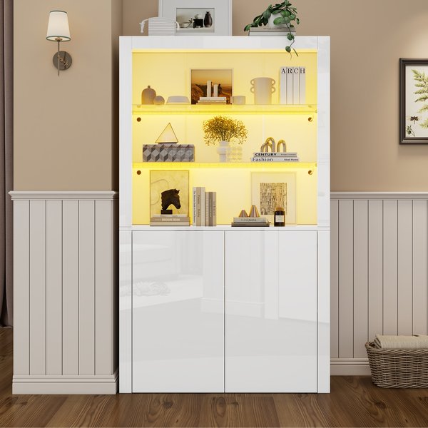 High-Gloss Display Cabinet with Bluetooth-Controlled LED Lighting, Tall Storage Cabinet for Living Room, 100L x 35W x 170H cm, White Aosom UK