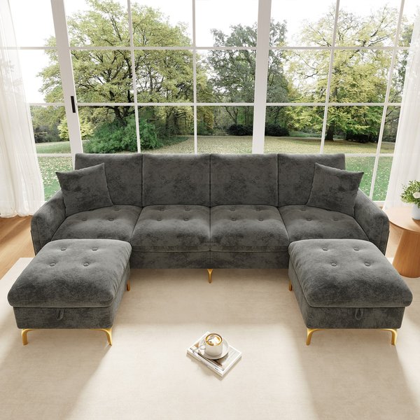 Modern U-Shaped Modular Sleeper Sofa with 2 Storage Ottomans, Soft Convertible Couch with 2 Decorative Cushions, 263L x 137W x 85H cm, Gray Aosom UK