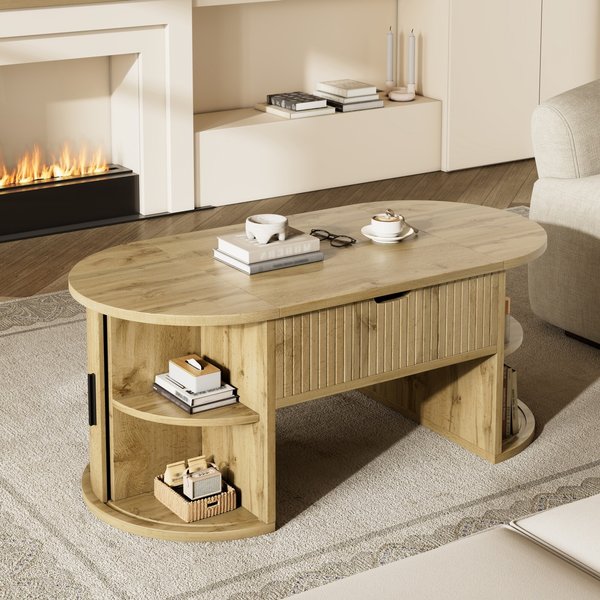 Modern Height-Adjustable Coffee Table with Storage and Sliding Doors, Space-Saving Table for Apartments, 100L x 50W x 40.5H cm, Wood Aosom UK