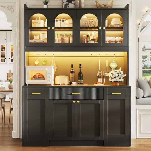 Kitchen Cabinet with App-Controlled RGB LED and Display, Storage Cabinet with Roll-Out Shelves and Drawers, 120L x 40W x 187H cm, Black Aosom UK