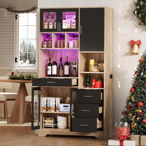 Tall Kitchen Pantry Cabinet with App-Controlled LED Lights, Freestanding Cupboard with Power Outlets, 100L x 40W x 185H cm, Black+Natural Aosom UK