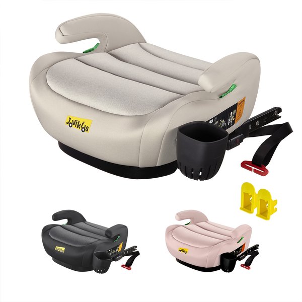 Safe ISOFIX Car Booster Seat with ECE R129 i-Size and Cup Holder, Portable Travel Booster Cushion for Kids and Vehicles, 40L x 42W x 17H cm, Grey Aosom UK