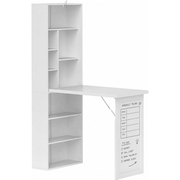 Homcom Bureau D'ordinateur Pliable Avec BibliothèQue, Poste De Travail, Tableau Blanc Et éTagèRe RéGlable, 98X51X153Cm, Blanc-image
