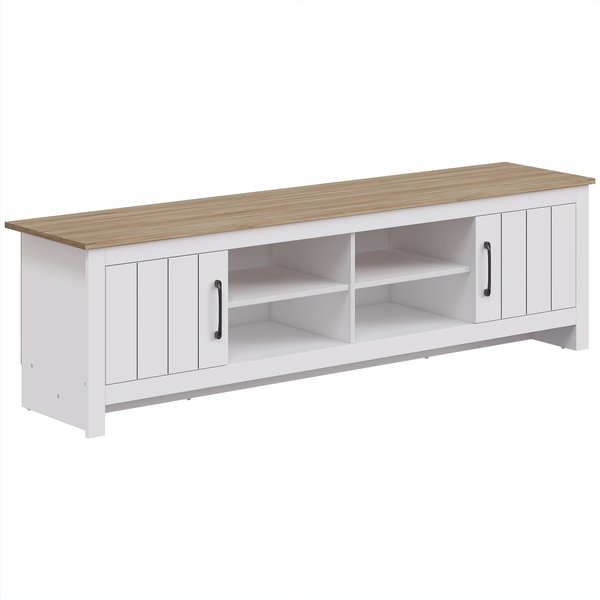 Homcom Meuble TV 175 Cm, Meuble TéLé Pour TéLéViseur Jusqu'à 55 Pouces Avec 2 Portes Et 4 Compartiments Ouverts, ChêNe Et Blanc-image
