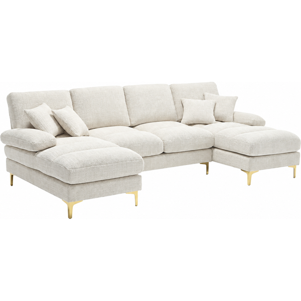 Ecksofa, Modernes großes U-förmiges Chenille-Sofa, mit Doppel-Liegesitzen, Ergonomisches Design, 272 x 136 x 88 cm, bis zu 300 kg, Beige Aosom.de