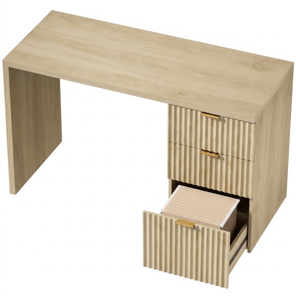 HOMCOM Computerschreibtisch, reversibel mit 3 Schubladen - Schreibtisch mit Stauraum, dicke und großzügige Tischplatte, 1 Schublade für A4/Letter-Hängemappen, wellenförmige Fronten, für Studium, Schlafzimmer, 120 x 50 cm, Eiche Aosom