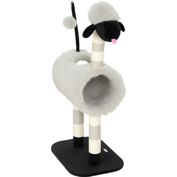 PawHut Arbre à Chat Motif Mouton, Avec Poteaux à Griffer, Tunnel Et Jouet, 98 Cm, Gris Clair-image