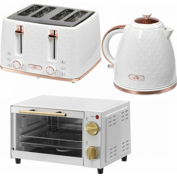 HOMCOM 3 Piece Breakfast Kitchen Set Adjustable Temperature Timer Countertop Appliances Rapid Boil 7 Browning White