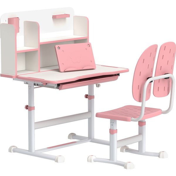 AIYAPLAY Height Adjustable Kids Desk and Chair Set, Children School Study Desk with Tiltable Desktop, Reading Rack, Pink Aosom UK