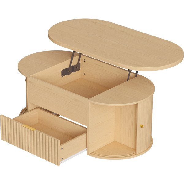 Homcom Table Basse Relevable Ovale, Compartiment Caché, Tiroir Cannelé, Portes Coulissantes Et Placards, 100X50X40Cm, ChêNe-image