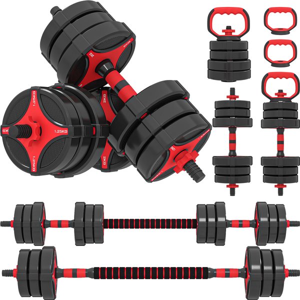 SPORTNOW Verstellbares 5-in-1-Hantelset 20kg Gesamtgewicht, als Kettlebell, Hanteln, Langhantel und Push-up-Halter nutzbar, Home-Gym, Schwarz und Rot Aosom