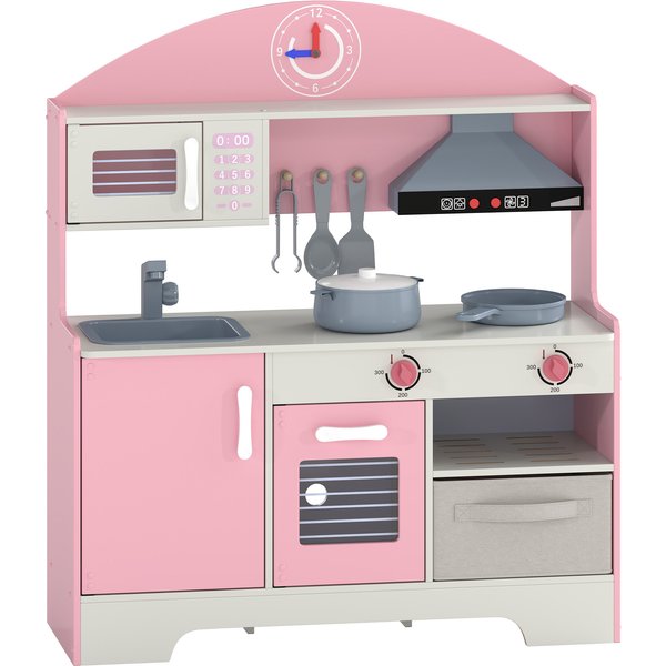 AIYAPLAY Kids Play Kitchen with Lights & Sounds, Pretend Play Toy set with Fabric Drawer, 5-Piece Accessories for 3-6 Years, Pink