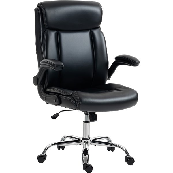 Homcom Chaise Bureau Ergonomique Avec Accoudoirs Relevables, Fauteuil De Bureau En Pu, Hauteur RéGlable, Fonction Bascule, Noir-image
