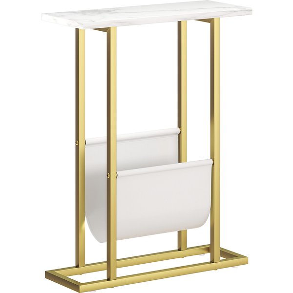 HOMCOM Narrow Side Table, End Table with Magazine Holder, Nightstand for Small Spaces, Living Room, Bedroom, White Marble Grain