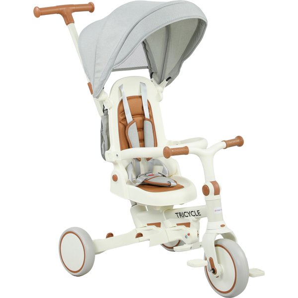 AIYAPLAY 5 in 1 Kids Trike with Adjustable Backrest, Toddler Tricycle with Push Handlebar, Adjustable Backrest, Cream White