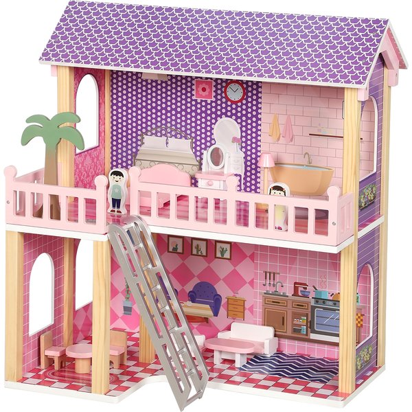 AIYAPLAY Puppenhaus 69 cm Hoch 2-stöckig mit 2 Puppen 11 Möbeln Leiter Balkon Große Doll House Spielhaus DIY-Spielset für Rollenspiele, Geschenk für Mädchen von 3-6 Jahren Rosa Aosom