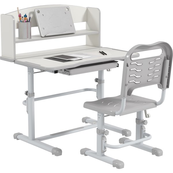 ZONEKIZ Height Adjustable Kids Study Table and Chair Set, with Drawer, Storage Shelf, 80 x 54.5 x 104 cm, Grey Aosom UK