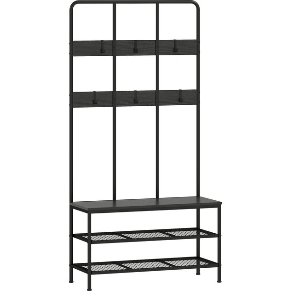 HOMCOM Garderobenständer, Kleiderständer mit Schuhbank, Garderobe mit 6 Haken, Jackenständer für Eingangsbereich, Flur, Schlafzimmer, Schwarz, 91 x 36 x 180 cm Aosom