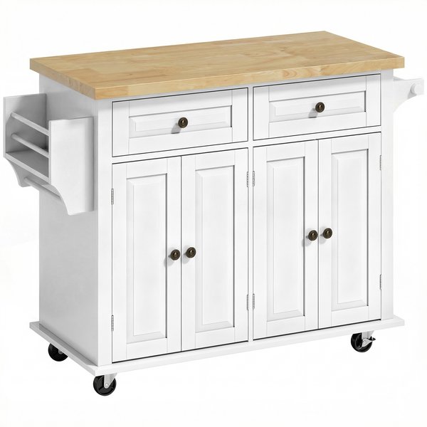 Homcom ÎLot Central Cuisine Avec Plateau En HéVéA, Desserte De Cuisine Sur Roulettes Avec 2 Tiroirs, 111 X 44,5 X 82,5Cm, Blanc-image