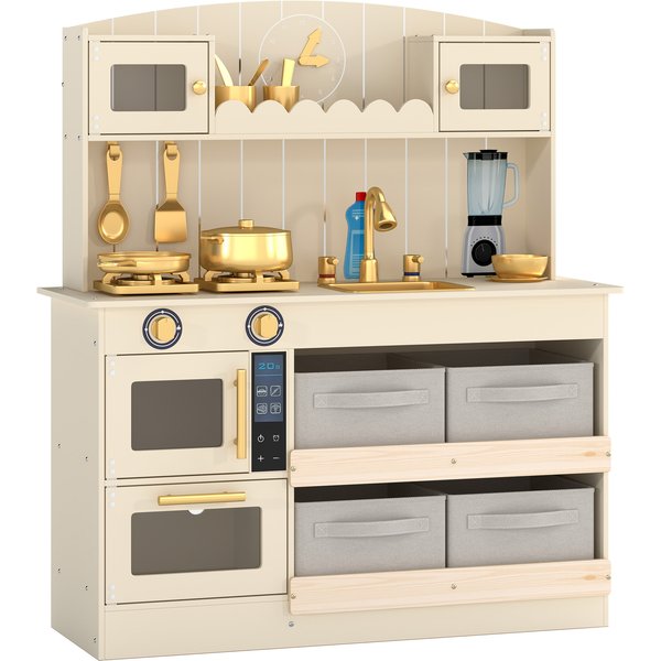 Aiyaplay Cuisine Enfant, Cuisine En Bois Enfant Dinette, Effet LumièRes Et Sons, 4 Bacs En Tissu, 12 Accessoires, 3-6 Ans, CrèMe-image