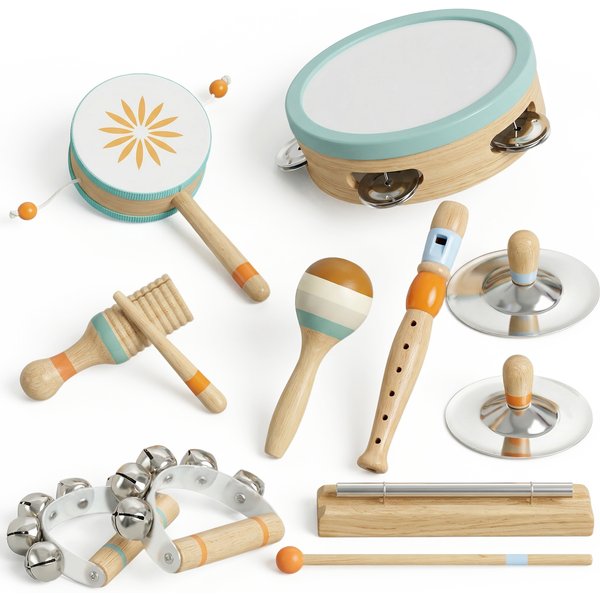 AIYAPLAY Kinder Musikinstrumente Set, 10-teiliges Montessori Instrumentenset mit Tamburin, Rasseln, Trommel, Becken, Flöte, Klanghölzern und Schüttelglocken, Musikspielzeug für Kinder ab 3 Jahren Aosom
