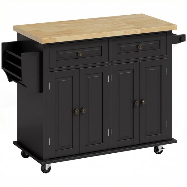 HOMCOM Kücheninsel auf Rollen, Küchenwagen mit 2 Schubladen, 4 Türen, Gewürzregal, Holzarbeitsplatte, verstellbare Regale und Seitenleiste, für Esszimmer 111x44,5x82,5 cm, Schwarz Aosom