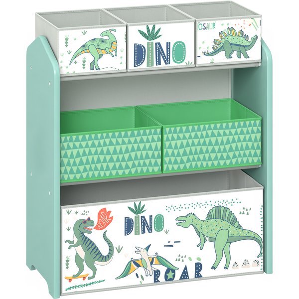 AIYAPLAY Toy Storage Organiser, 3-Tier Wooden Kids Toy Storage Rack with 6 Fabric Storage Bins for Bedroom, Kids Room, Green