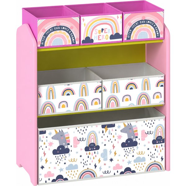 AIYAPLAY Toy Storage Organiser, 3-Tier Wooden Kids Toy Storage Rack with 6 Fabric Storage Bins for Bedroom, Kids Room, Pink
