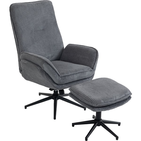 HOMCOM Relaxsessel mit Hocker, 360° Drehbarer Fernsehsessel mit Liegefunktion, Hoher Rückenlehne, Cord-Optik Liegesessel mit Doppelpolsterung für Wohnzimmer, Grau Aosom