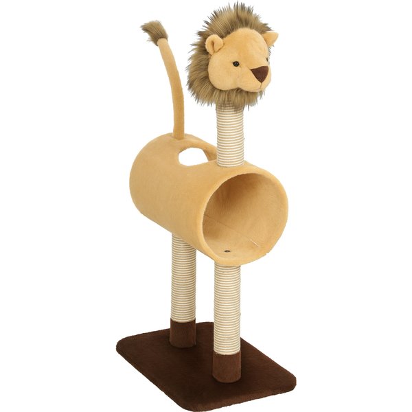 PawHut Arbre à Chat 104 Cm Design Lion, Poteaux à Griffer, Tunnel, Queue Suspendue Jusqu'à 7 Kg, Brun Clair-image