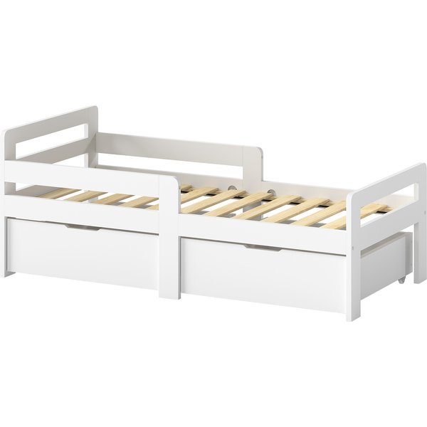 AIYAPLAY Wooden Kids Bed Frame with 2 Storage Drawers and Guard Rails for Ages 4-14, 144 x 76 x 57 cm (No Mattress), White