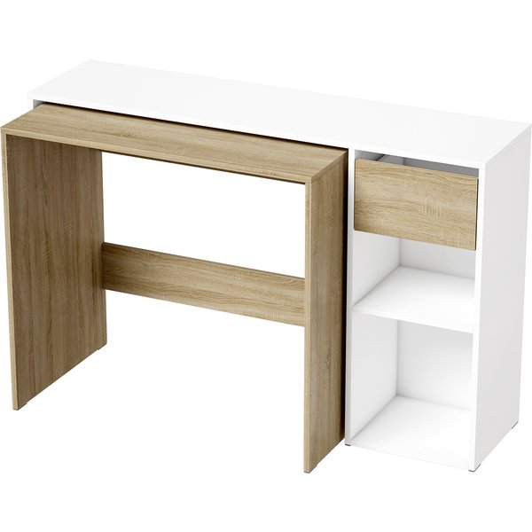 HOMCOM Einschiebbare Schreibtische 2er-Set, Computertisch 80/117 cm mit Schublade und offenen Regalen, Moderner Stil, Tisch für Wohnzimmer, Zuhause, kleine Räume, Weiß und Eiche Aosom