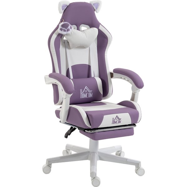 HOMCOM Ergonomischer Gaming-Stuhl mit Katzenohren, verstellbarer Fußstütze, Kunstleder, neigbar, Kopf- und Lendenstütze, höhenverstellbar, Violett Aosom