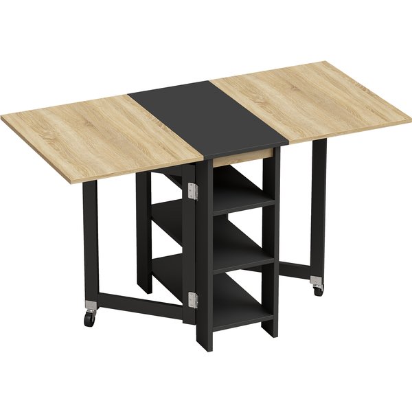 Homcom Table à Manger Pliante Sur Roulettes, Table De Cuisine Pour 2 à 4 Personnes Avec ÉTagèRes De Rangement, ChêNe Et Noir-image