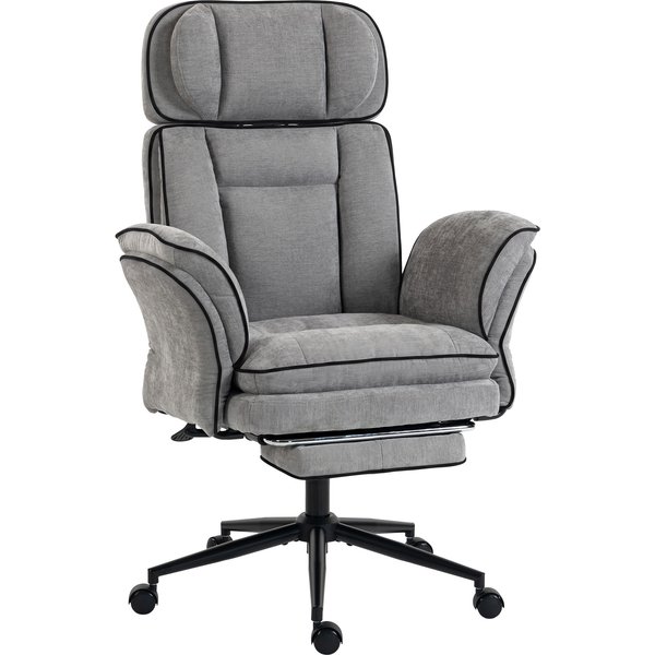 HOMCOM Ergonomischer Schreibtischstuhl mit Fußstütze, Chenille-Bürostuhl mit klappbaren Armlehnen, hoher Rückenlehne und 145° Neigung, verstellbare Kopfstütze, Wippfunktion, Grau Aosom
