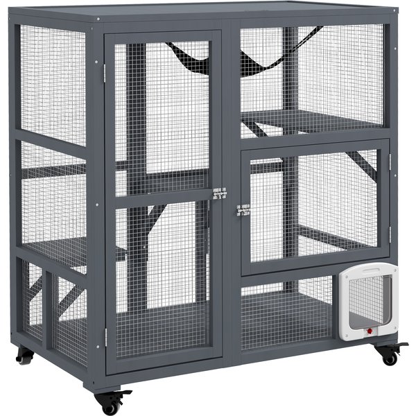 PawHut Enclos Pour Chats D'intéRieur En Bois Avec Roulettes, Portes, Plateformes De Saut, Hamac, Toit Rabattable, 110X100X60 Cm Gris-image