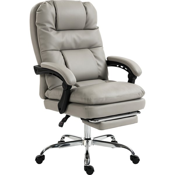 HOMCOM Ergonomischer Schreibtischstuhl mit Fußstütze, PU-Bürostuhl mit Taschenfedern, Doppelpolster, 155° verstellbar, Hohe Rückenlehne, Höhenverstellbar, Kopfstütze, Hellgrau Aosom