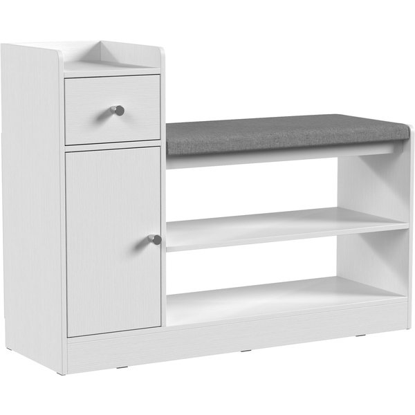 Homcom Banc à Chaussures Avec Tiroir Et Placard, Banc De Rangement Avec Coussin, Style Nordique, 90X29,8X67,8Cm, Blanc Et Gris-image