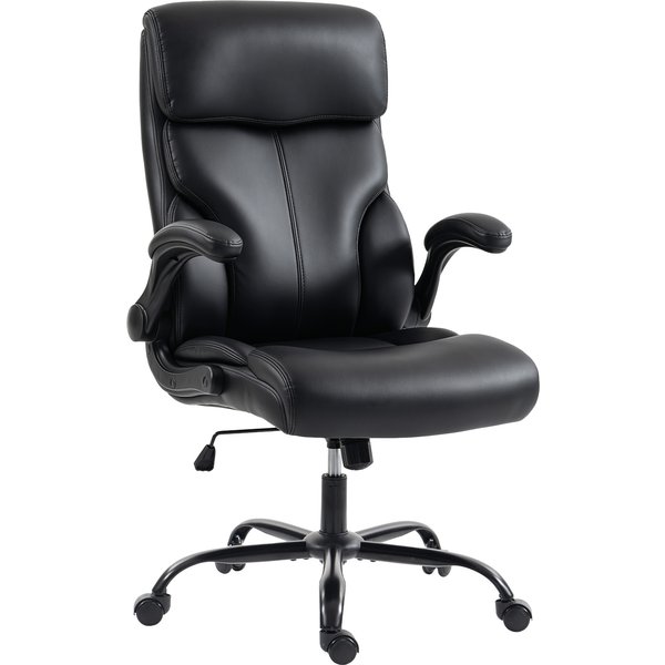 Homcom Chaise Bureau Ergonomique Avec Accoudoirs Relevables, Fauteuil De Bureau En Pu, Hauteur RéGlable, Fonction Bascule, Noir-image